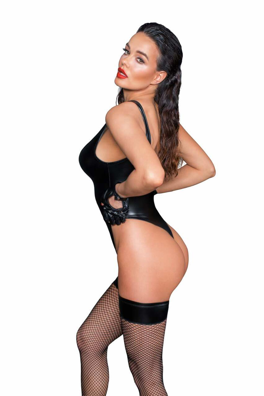 Power wetlook body with high cut bottom hem