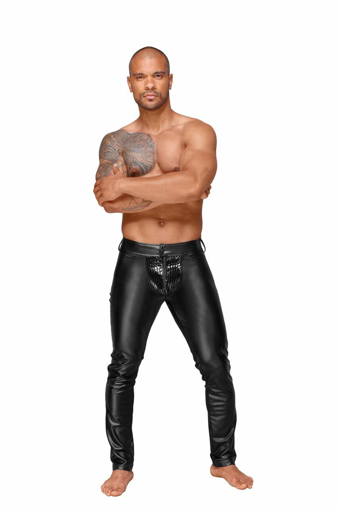 Powerwetlook men's trousers with decorative PVC pleats
