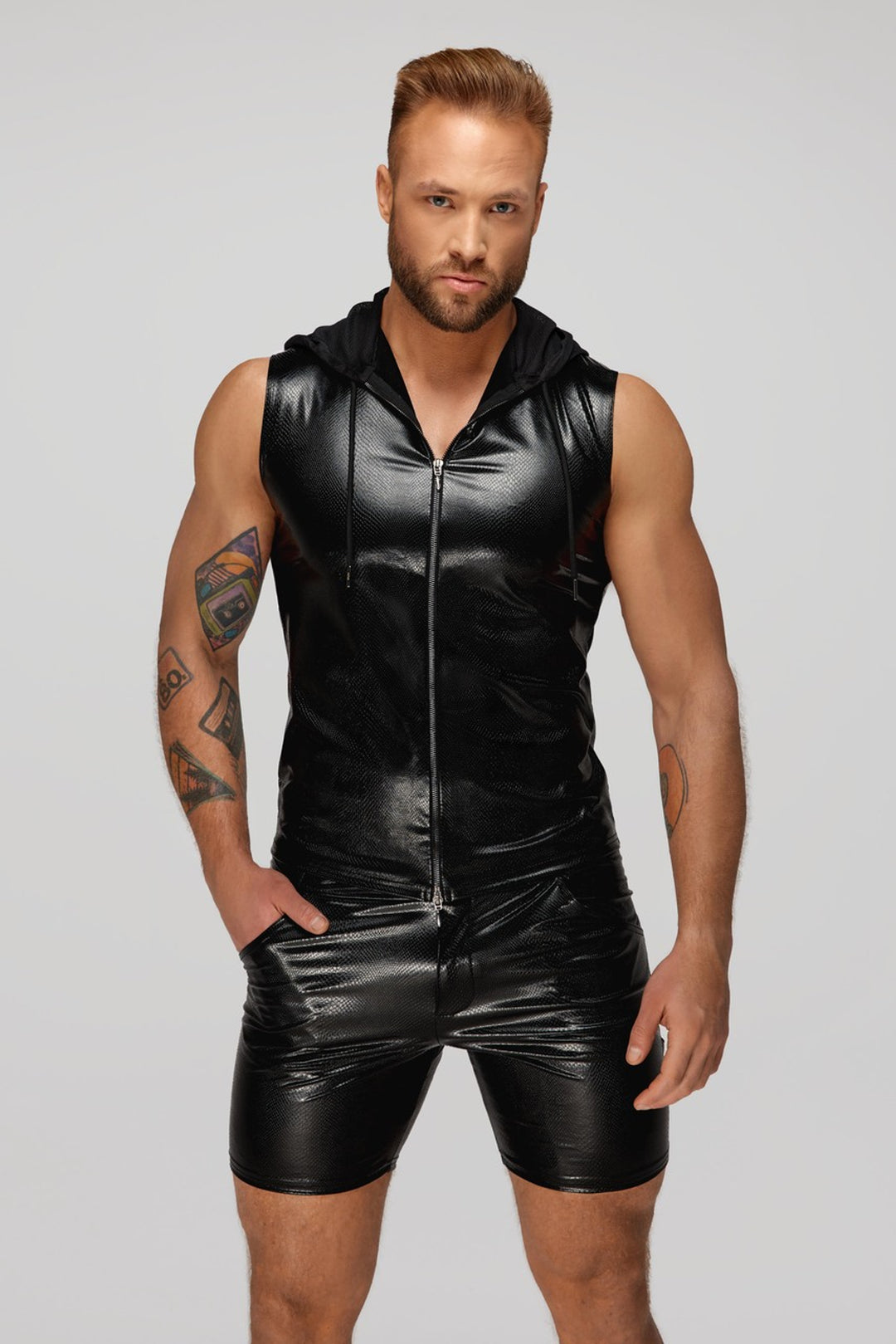 Snake wetlook sleeveless zip-up top with sheer hood
