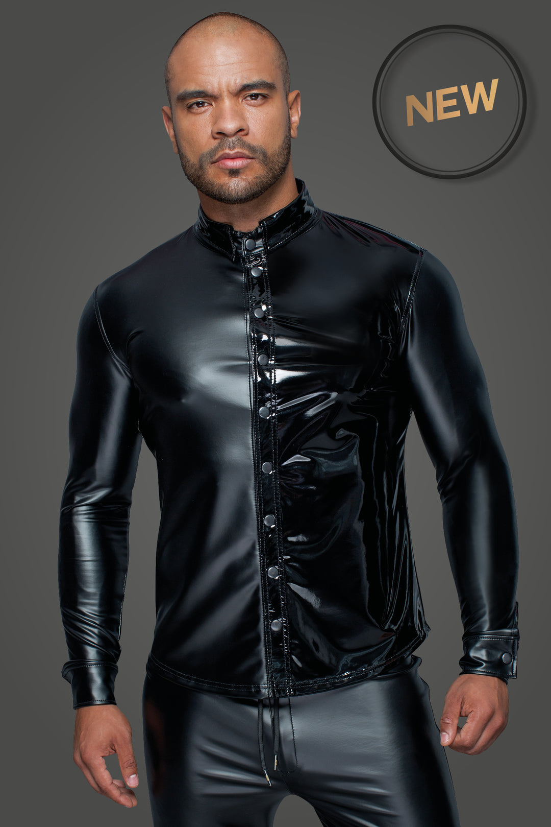 Long-sleeved wetlook & PVC shirt with buttons