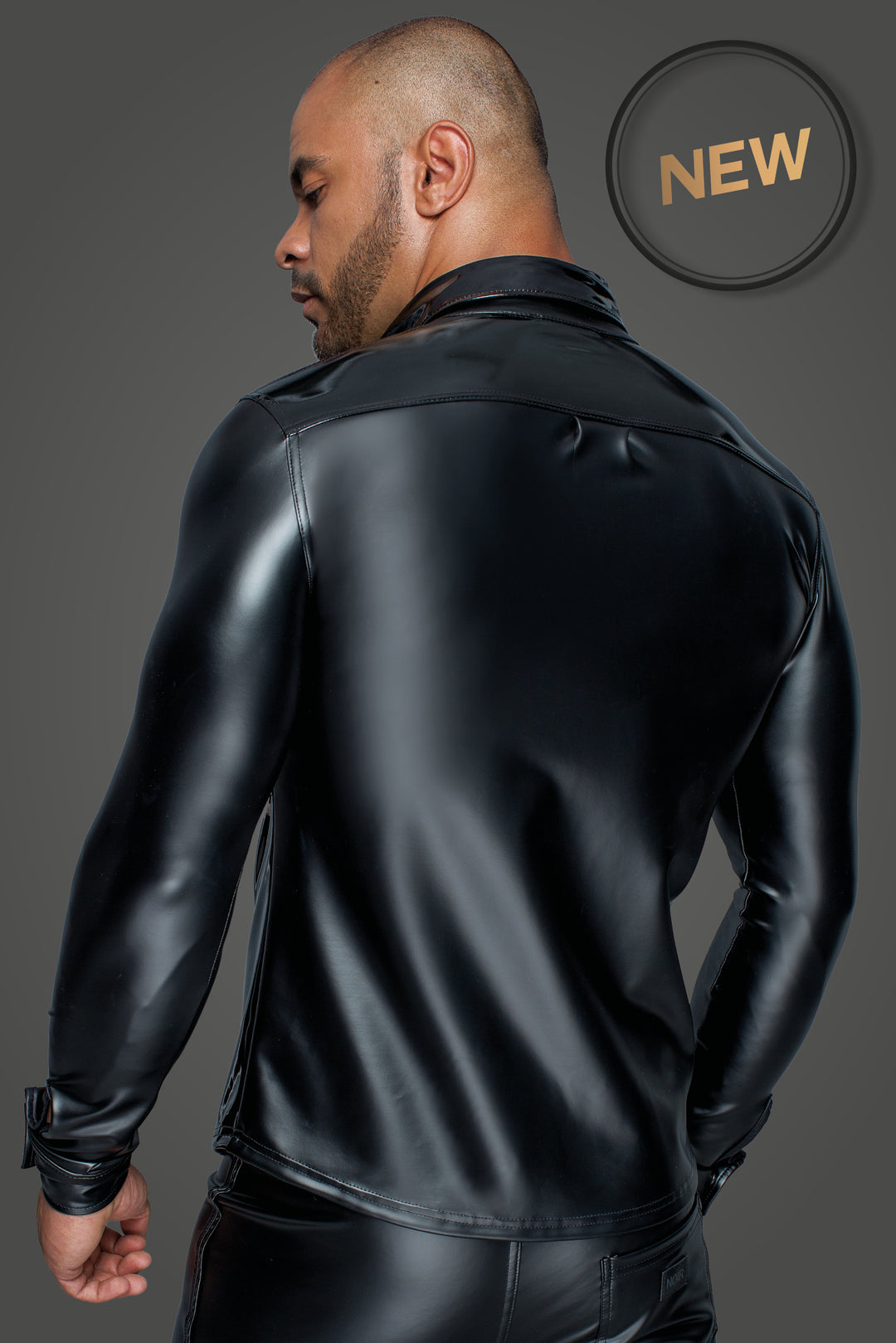 Long-sleeved wetlook & PVC shirt with buttons
