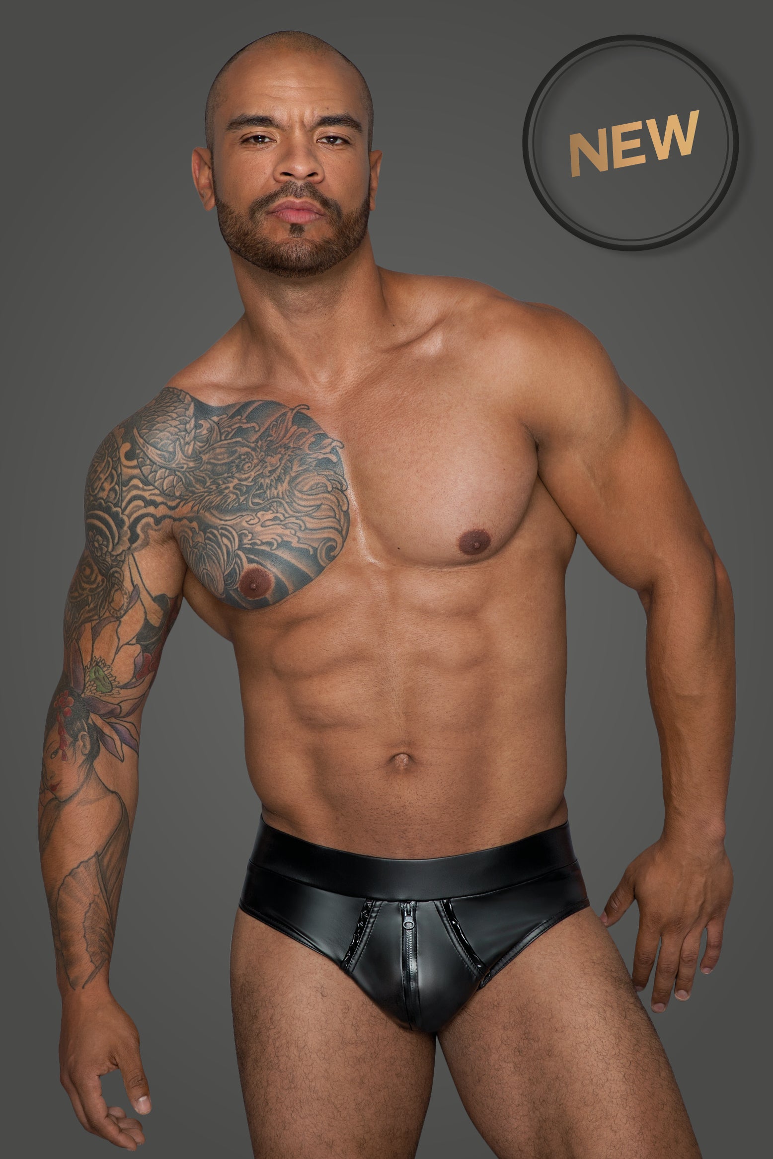 man wearing PVC Shorts with Continous Zipper front view
